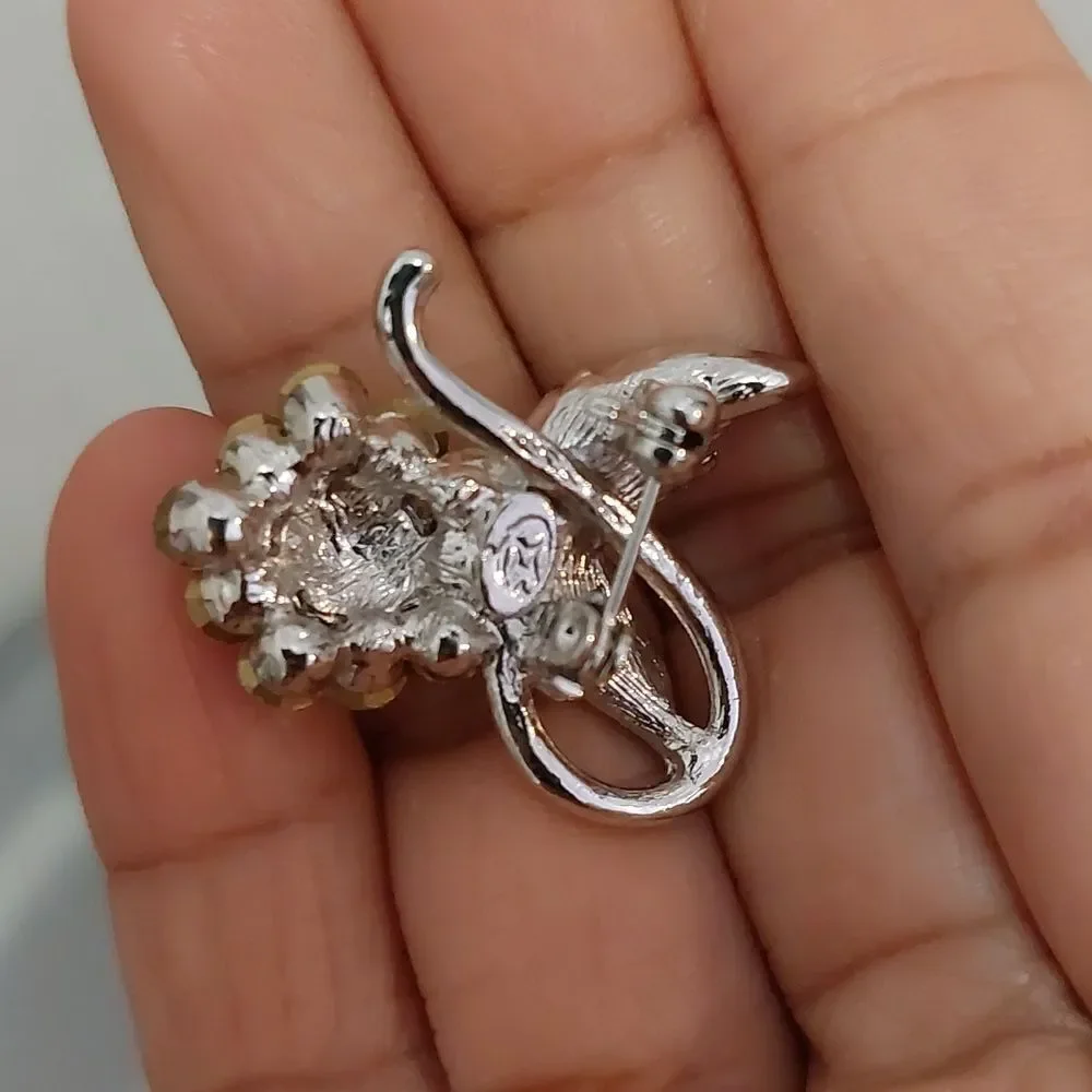 Vintage Unknown Mark Rhinestone Crystals Flower Stem Silver Tone Lapel Pin